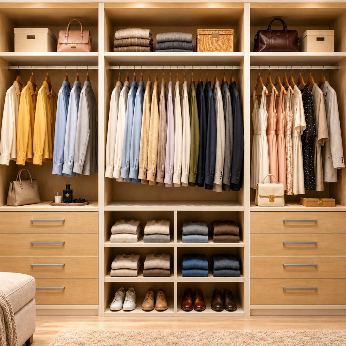 Luxurious Symmetrical Wood Walk-In Closet (1) Verona Luxe Open Wardrobe