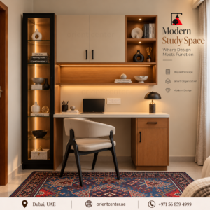 OC-CAB-009 Zenvora Signature Study Cabinet with Walnut Desk, Black Glass Display Cabinet and LED Shelves