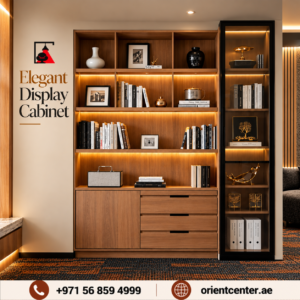 Aurevia Luxe Walnut Display Cabinet with LED Shelves, Black Glass Cabinet and Storage Drawers