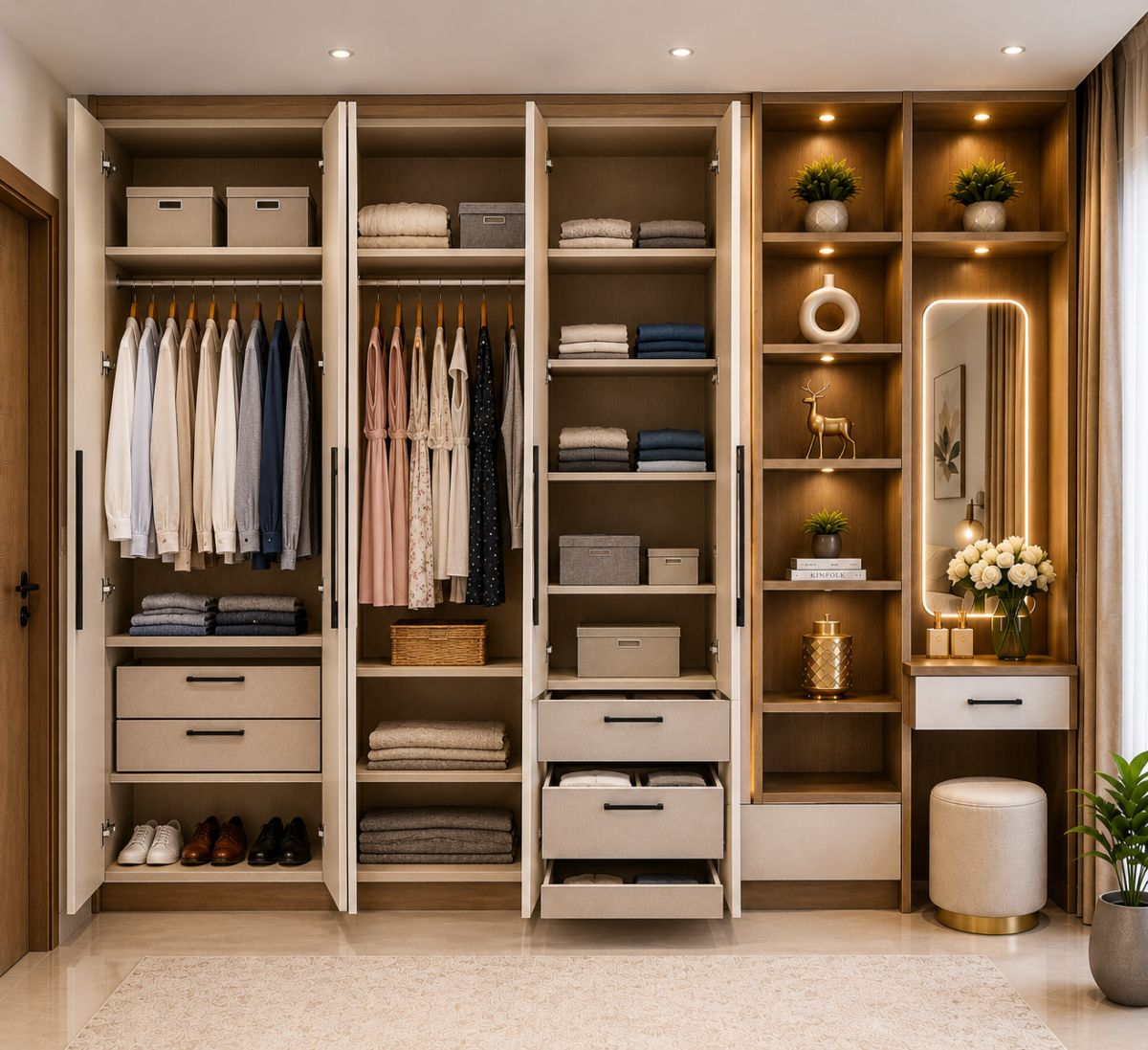 Warm Neutral Walk-In Wardrobe and Vanity Velmora Signature Wardrobe