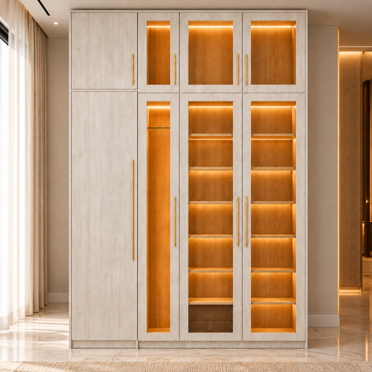 Warmly Lit Ash Wood Wardrobe (1) Lumora Signature Wardrobe